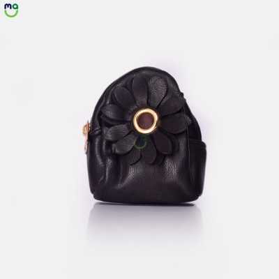 Leather Coin pouch Flower Zipper Pouch. Black