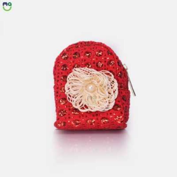 Leather Coin pouch Flower Zipper Pouch. Red