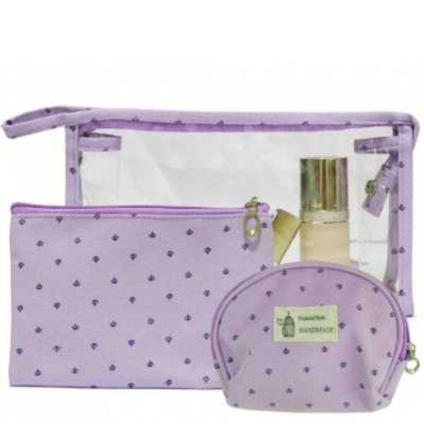SoloTravel 3Pcs Multi Purpose Transparent Portable Makeup Pouch, Cosmetics & Toiletry Organizer Bag, Purple