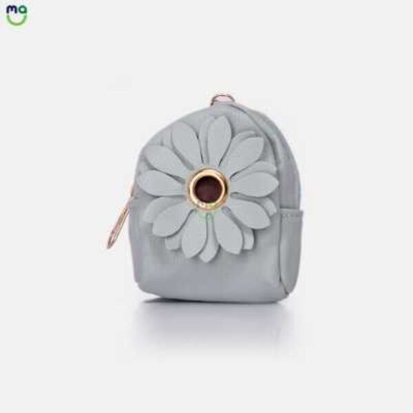 Leather Coin pouch Flower Zipper Pouch. Grey