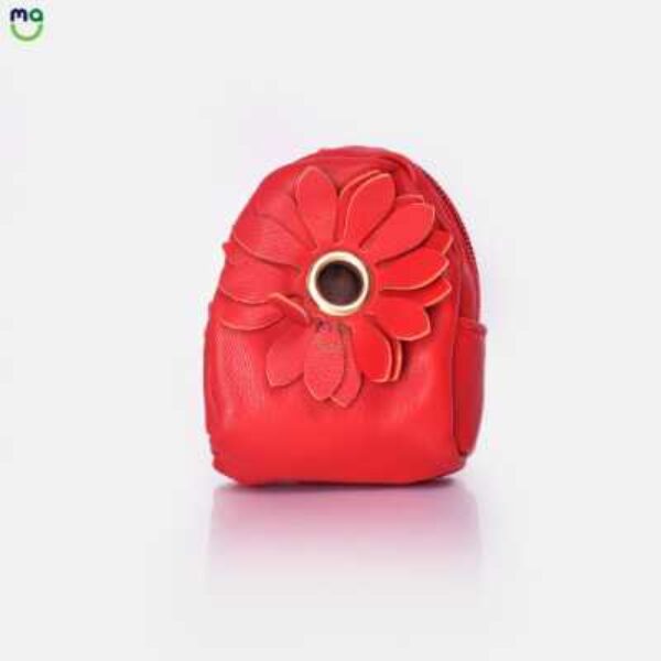 Leather Coin pouch Flower Zipper Pouch. Red