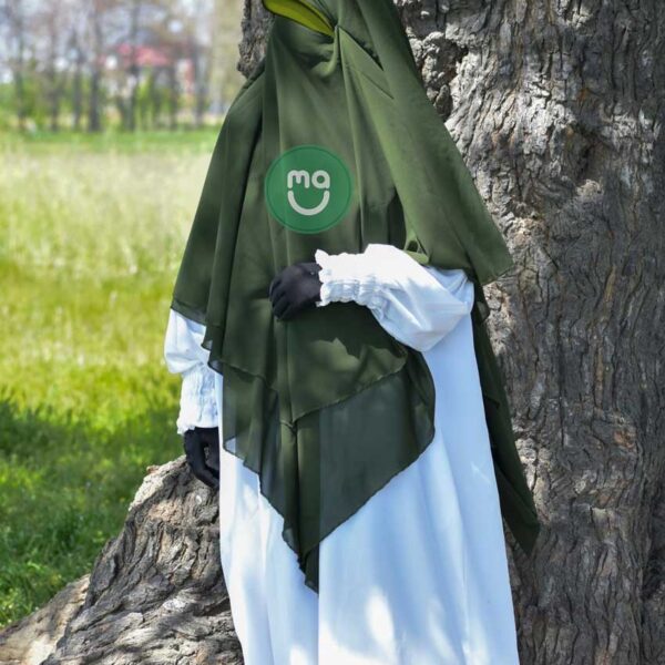 OLIVE GREEN-EXTRA LONG TRIANGLE DIAMOND KHIMAR IN FIRDOUS FABRIC - Two Layered