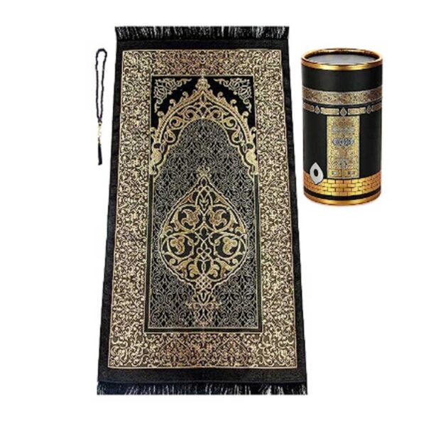 Ihvan online Chenille Muslim Prayer Rug And Beads With Elegant Design Cylinder Gift Box | Janamaz | Sajadah | Soft Islamic Prayer Rug | Islamic Gifts Set | Prayer Carpet Mat Taffeta Fabric Black