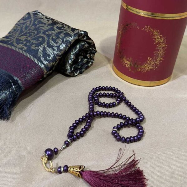 Ihvan online Chenille Muslim Prayer Rug And Beads With Elegant Design Cylinder Gift Box | Janamaz | Sajadah | Soft Islamic Prayer Rug | Islamic Gifts Set | Prayer Carpet Mat Taffeta Fabric