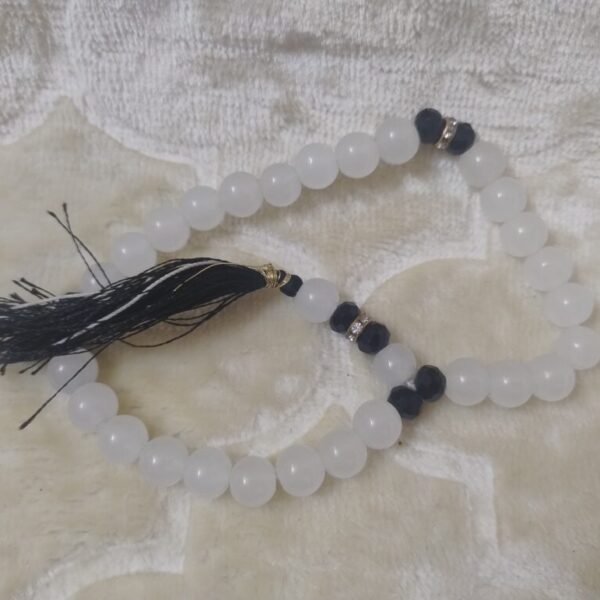 Elegant White and Blue Gemstone Tasbeeh with Golden Accents and Silk Tassel