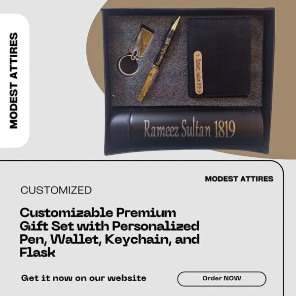 Customizable Premium Gift Set with Personalized Pen, Wallet, Keychain, and Flask