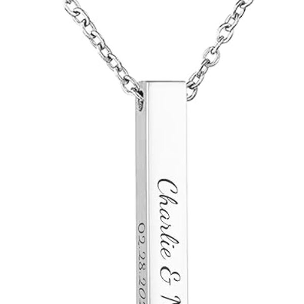 Personalized Custom Text Laser Engraving Name Date Love Note Message Stainless Steel Bar Dangle Pendant Chain Necklace Gift f/Wife Husband Dad Mom Anniversary Valentines Day, Regular