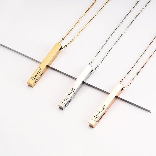 Personalized Custom Text Laser Engraving Name Date Love Note Message Stainless Steel Bar Dangle Pendant Chain Necklace Gift f/Wife Husband Dad Mom Anniversary Valentines Day, Regular - Image 2