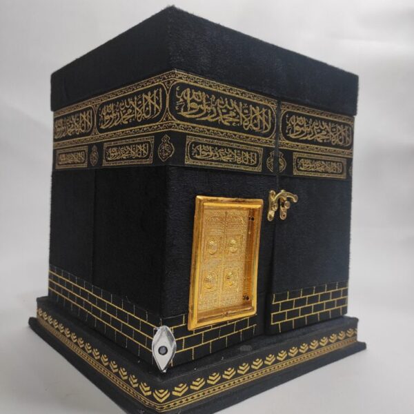 Genric Holy Quran Holder Islamic Khana Kaba Replica Wooden Velvet Handcrafted Quran Sharif Box Most Powerful Symbol Of Peace And Unity (Golden Black, 10.8 X 9.75 X 9.75 Inches)